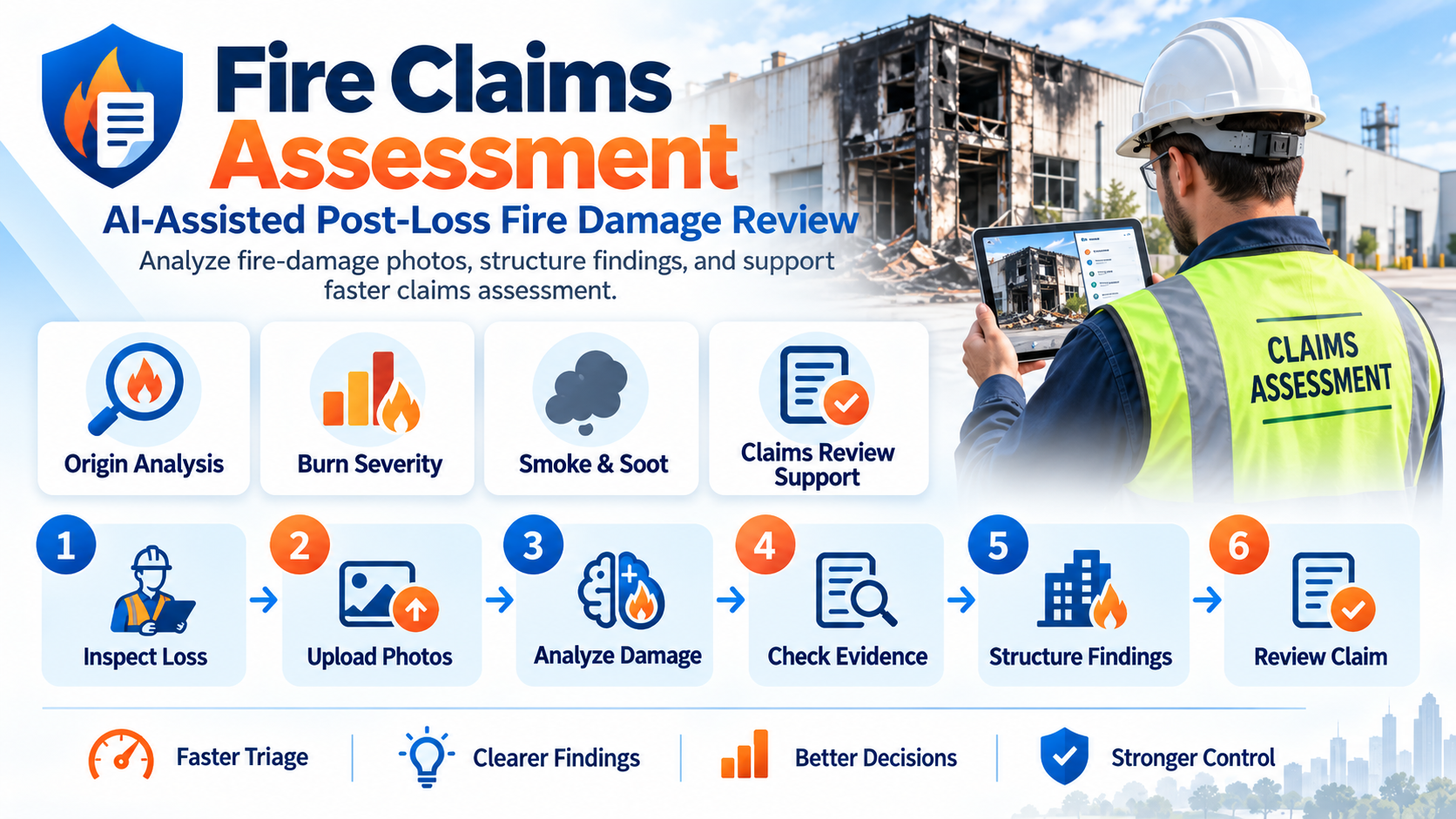 Fire Claims Assessment overview: AI-assisted post-loss fire damage review covering origin analysis, burn severity, smoke and soot assessment and claims review support, with the six-step flow — inspect loss, upload photos, analyze damage, check evidence, structure findings, review claim — and the outcomes of faster triage, clearer findings, better decisions and stronger control.
