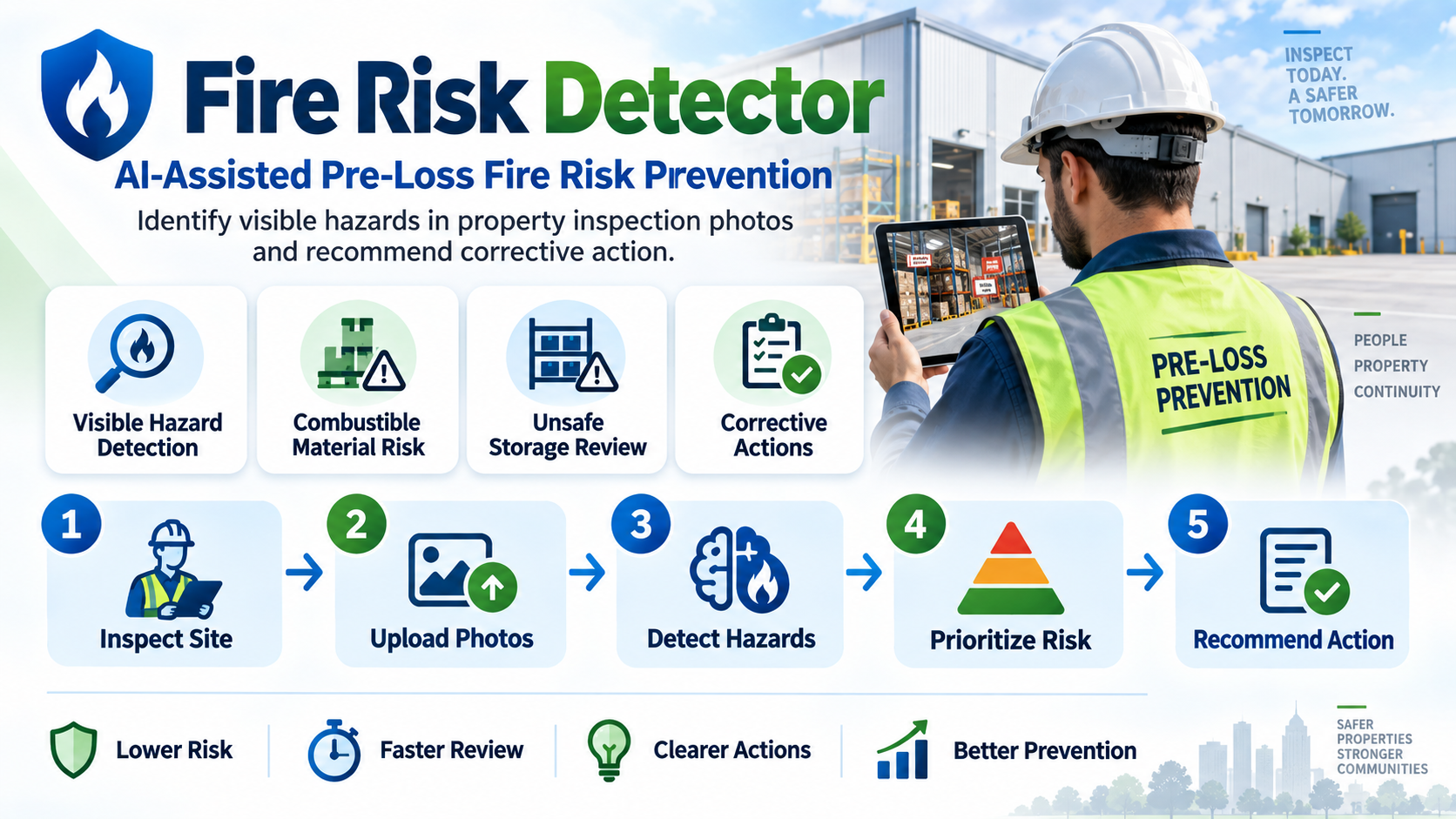 Fire Risk Detector overview: AI-assisted pre-loss fire risk prevention covering visible hazard detection, combustible material risk, unsafe storage review and corrective actions, with the five-step flow — inspect site, upload photos, detect hazards, prioritize risk, recommend action — and the outcomes of lower risk, faster review, clearer actions and better prevention.
