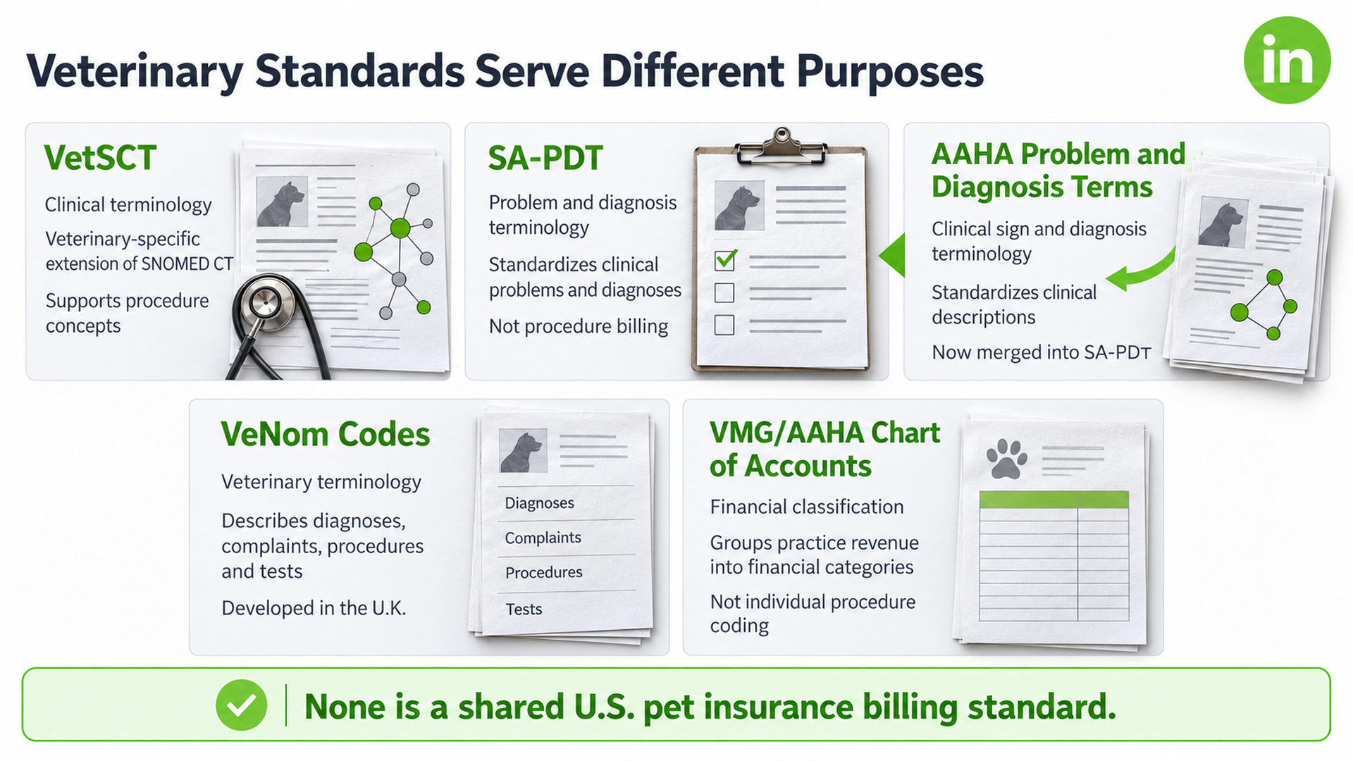 Veterinary coding systems compared: VetSCT, SA-PDT, VeNom codes and VMG/AAHA Chart of Accounts by purpose